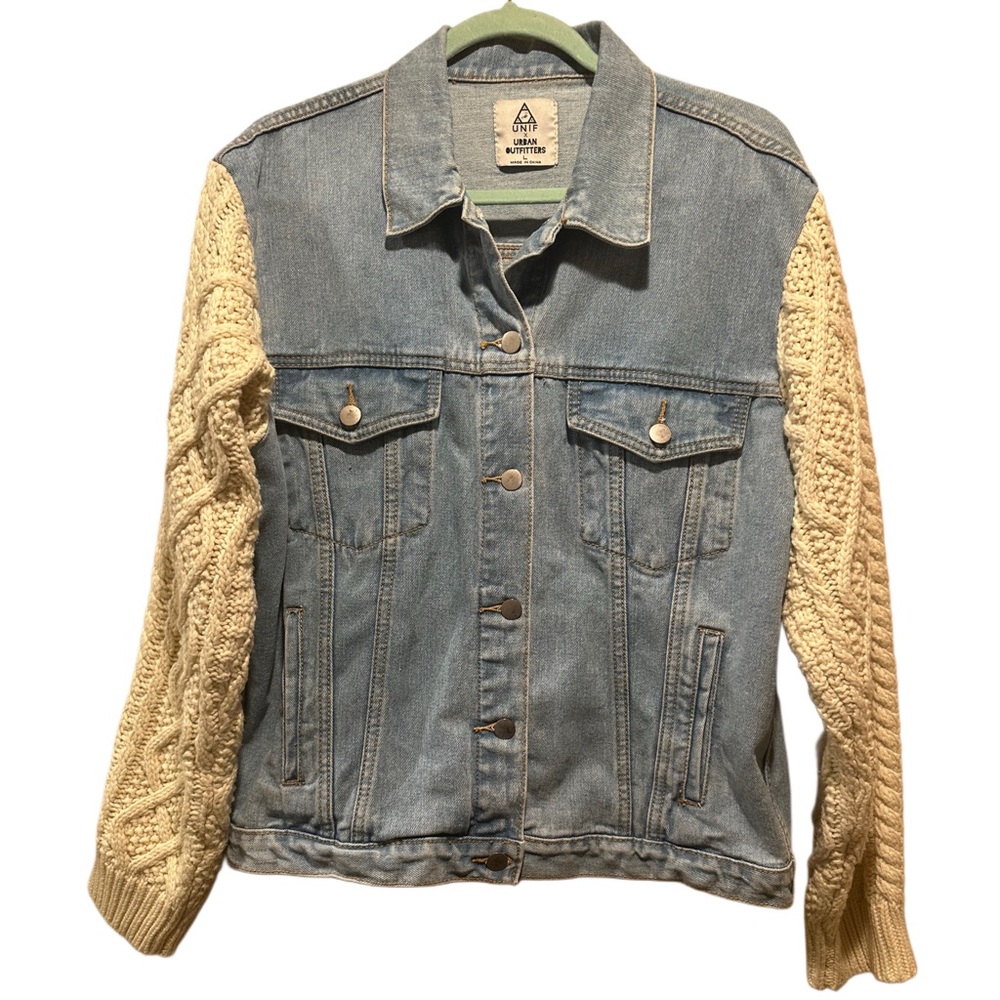 UNIF Urban Outfitters Vici Blue Denim Jacket Cream Cable Knit Sleeves Size L - Picture 5 of 13